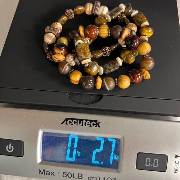 Handmade Beaded Bracelet Trio Chunky Brown Earth Tones Mixed Metals Wood - Picture 7 of 7